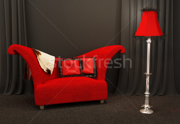 Red fabric sofa. Textured and curved sofa with standing lapm in  Stock photo © Victoria_Andreas