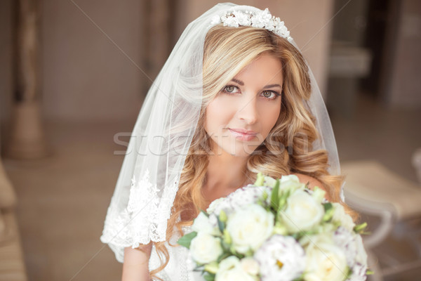 Wedding portrait Beautiful bride girl with long wavy hair and ma Stock photo © Victoria_Andreas