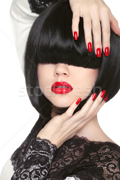 Fashion model. Long Black Fringe. Red sexy lips. Bob Hairstyle.  Stock photo © Victoria_Andreas