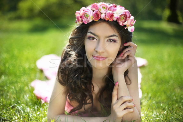 Beauty Romantic Girl Outdoors. Attractive teen with flowers on h Stock photo © Victoria_Andreas