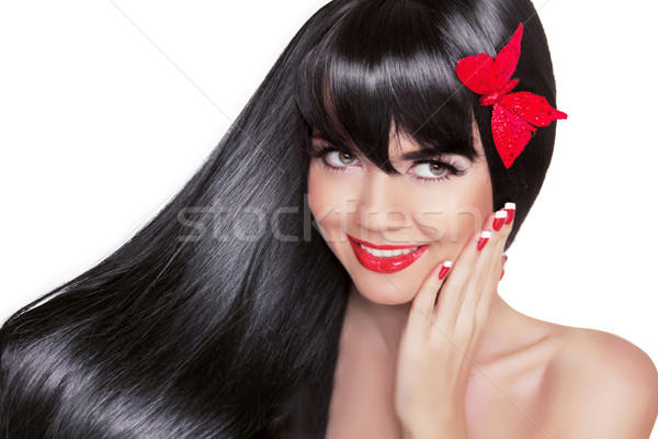 Frumos bruneta femeie sănătos lung par negru Imagine de stoc © Victoria_Andreas