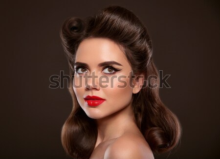 Smoky eyes makeup closeup. Black bob hairstyle. Sexy red lips. B Stock photo © Victoria_Andreas