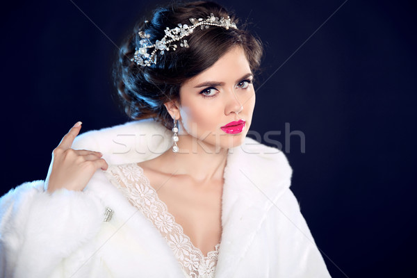 Fashion portrait of beautiful girl model in white fur coat with  Stock photo © Victoria_Andreas