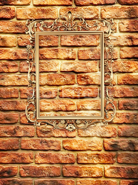 Stock photo: empty golden frame on brick wall