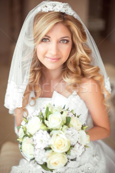 Wedding portrait Beautiful bride girl with long wavy hair and ma Stock photo © Victoria_Andreas