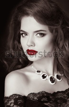 Red lips, Beautiful Woman in Luxury Fur Coat. Black and white ph Stock photo © Victoria_Andreas