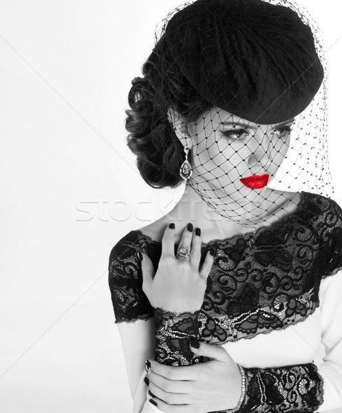 Retro woman. Fashion model girl portrait with red lips. Black an Stock photo © Victoria_Andreas