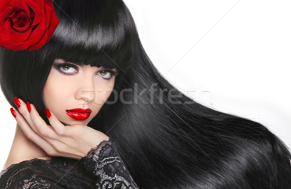Beautiful Brunette Girl. Healthy Long Hair. Makeup. Manicured na Stock photo © Victoria_Andreas