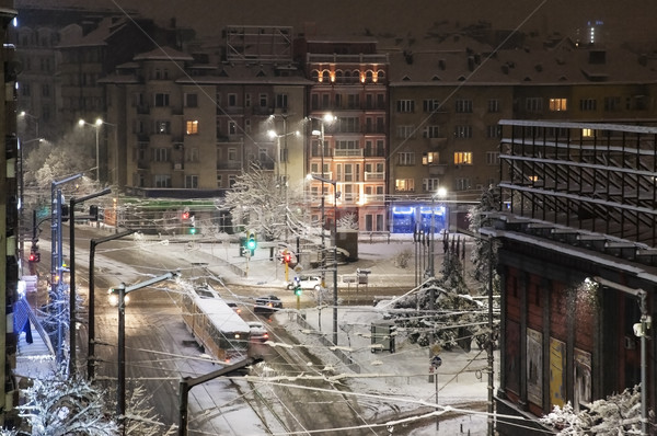 Sofia placu tramwaj zimą śniegu budynków Zdjęcia stock © vilevi