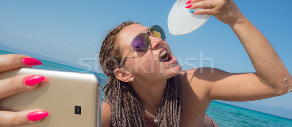Selfie Beach Woman Drinking Shell Stock photo © vilevi