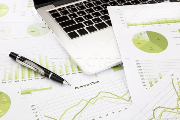 laptop and pen with green business charts, graphs, information a Stock photo © vinnstock