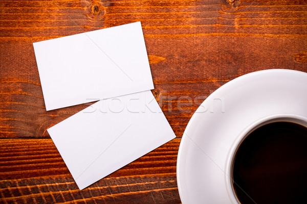 Сток-фото: белый · чашку · кофе · визитной · карточкой · таблице · деревянный · стол · бизнеса
