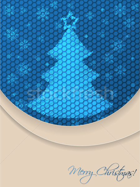 Blue christmas greeting card with scribbled tree and hexagon bac Stock photo © vipervxw