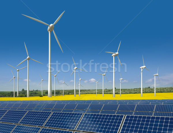 Wind turbines and solar panels in a rapeseed field Stock photo © visdia
