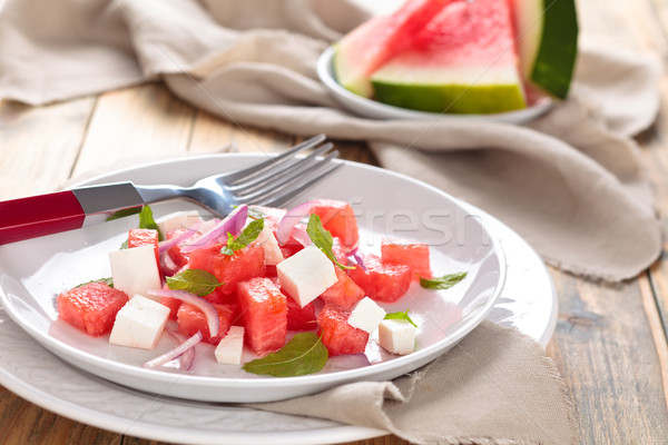 Wassermelone Salat mint Feta Holz Stock foto © Vitalina_Rybakova