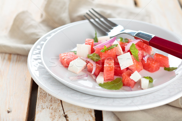 Watermeloen salade feta mint houten Stockfoto © Vitalina_Rybakova