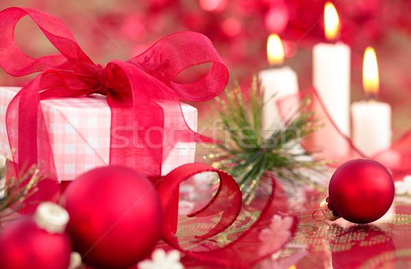 Rot Weihnachten Kugeln wenig Geschenk Kerzen Stock foto © Vitalina_Rybakova