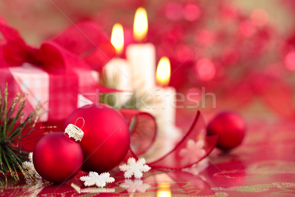 Rot Weihnachten Kugeln wenig Geschenk Kerzen Stock foto © Vitalina_Rybakova