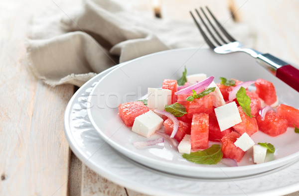 Wassermelone Salat mint Feta Holz Stock foto © Vitalina_Rybakova