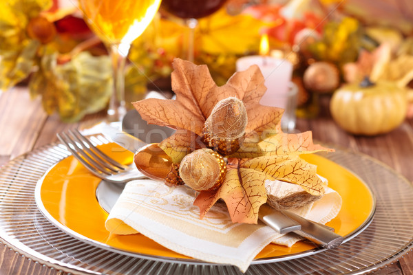 Hálaadás vacsora dekoráció ősz hely levelek Stock fotó © Vitalina_Rybakova