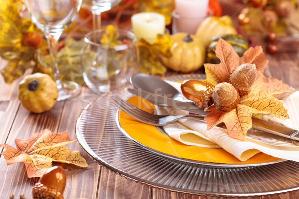 Acción de gracias cena decoración otono lugar hojas Foto stock © Vitalina_Rybakova