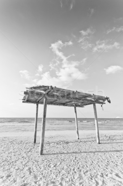 Stock photo: wooden canopy on the sandy beach and blue sky