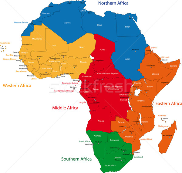 Afrika térkép színes régiók országok fővárosok Stock fotó © Volina