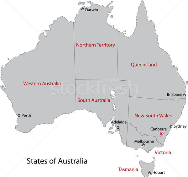 [[stock_photo]]: Gris · Australie · carte · régions · principale · villes