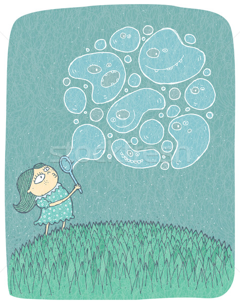 Little Girl with Soap Bubbles: hand drawn vector illustration Stock photo © VOOK