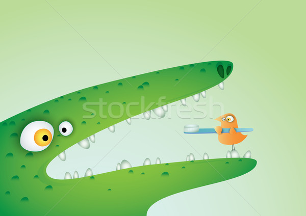 Crocodile oiseau brosse à dents dentaires cartoon illustration [[stock_photo]] © VOOK