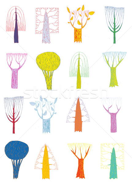 Grunge Trees Collection in pop-art colors, with outlines and scr Stock photo © VOOK