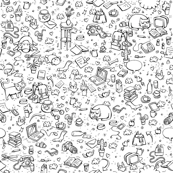 Technological Everyday Objects seamless pattern in black and whi Stock photo © VOOK