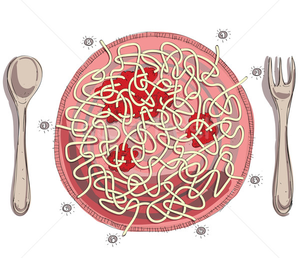 Stock fotó: Spagetti · paradicsomszósz · labirintus · játék · gyerekek · kézzel · rajzolt