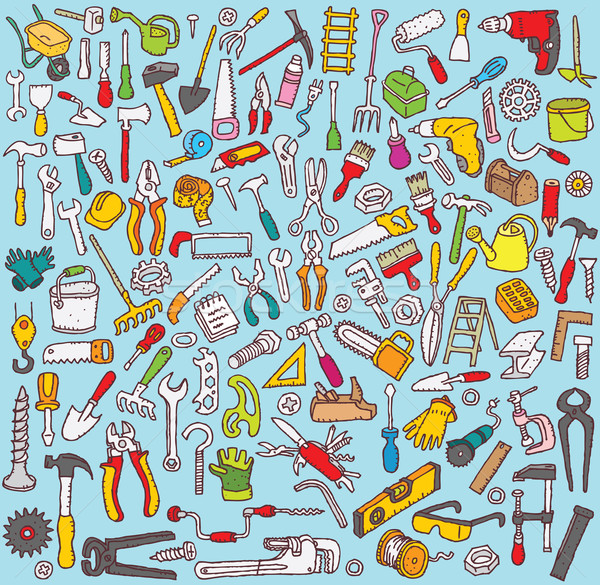 Grand outils ensemble nombreux faible dessinés à la main Photo stock © VOOK