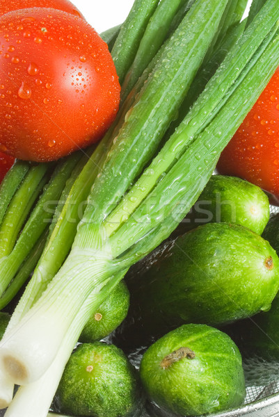 Groenten komkommers Rood tomaten waterdruppels water Stockfoto © vrvalerian