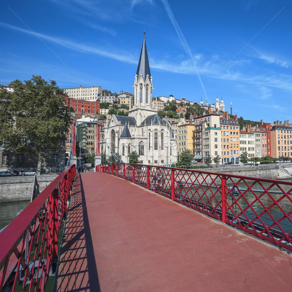 Lyon city with red footbridge Stock photo © vwalakte