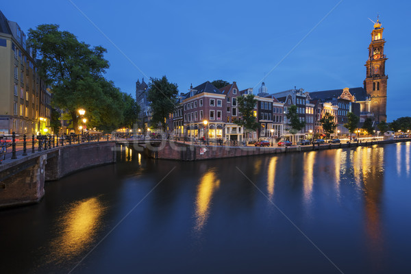 Stock photo: Famous view of Amsterdam Canal by night