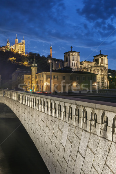 Foto stock: Noite · ver · Lyon · noite · da · cidade · cidade · catedral