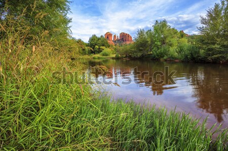 [[stock_photo]]: Cathédrale · Rock · rivière · ciel · arbres · montagne