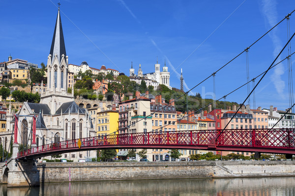 Foto stock: Vista · Lyon · ciudad · rojo · puente · peatonal · río