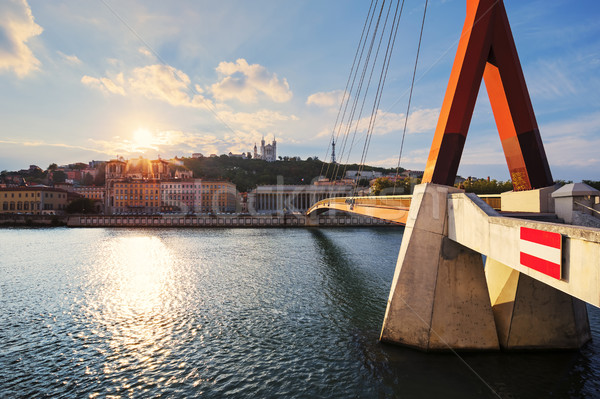 [[stock_photo]]: Coucher · du · soleil · Lyon · nuageux · basilique · berge · ciel