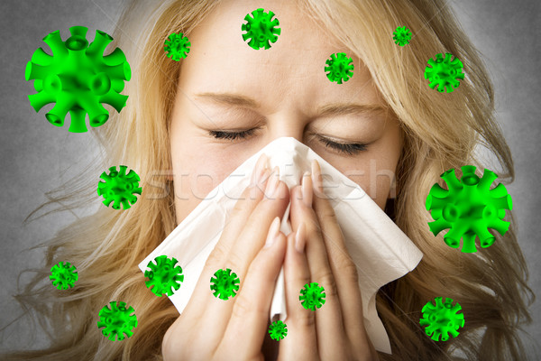 Ill woman with tissue is sneezing virus Stock photo © w20er