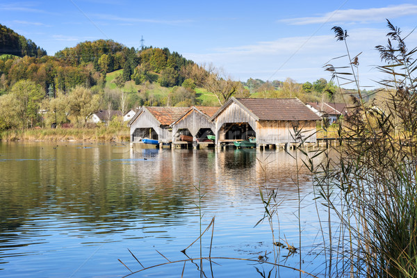 boathouses and reed at lake Kochelsee Stock photo © w20er