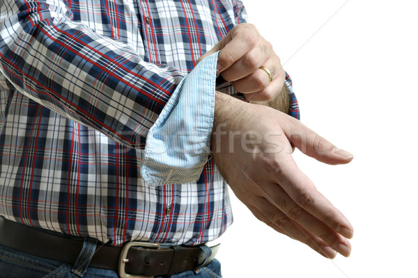 Férfi tekercsek felfelé farmer kockás póló Stock fotó © w20er
