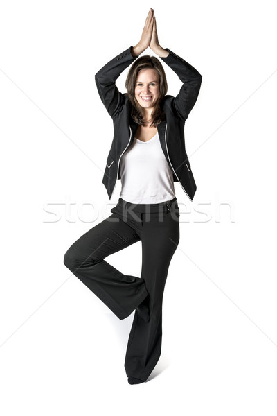 [[stock_photo]]: Femme · d'affaires · yoga · costume · noir · exercice · blanche · affaires