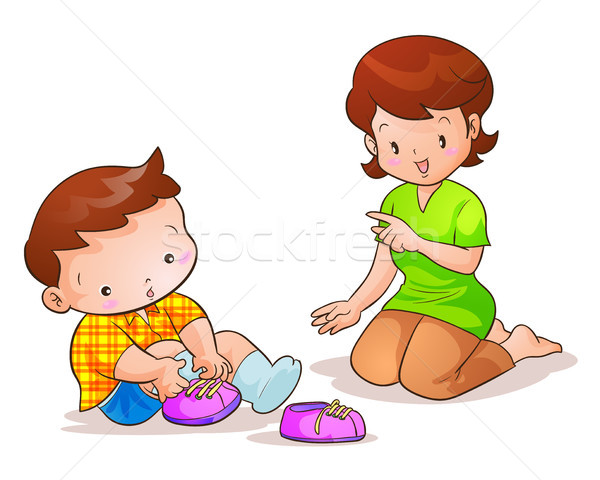 Mom Sohn tragen Schuhe cute tragen Stock foto © watcartoon