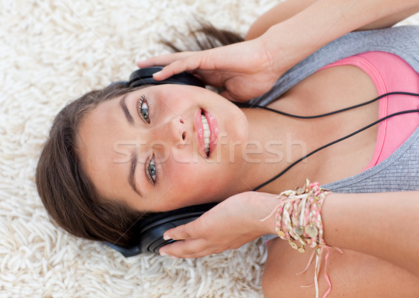 Foto stock: Menina · adolescente · ouvir · música · piso · estudante · educação