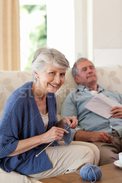 Foto stock: Mulher · marido · adormecido · casa · feliz