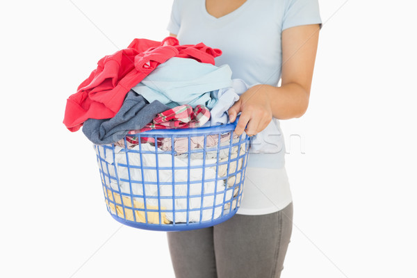 Foto stock: Mulher · cesto · de · roupa · suja · feminino · cesta · lavanderia