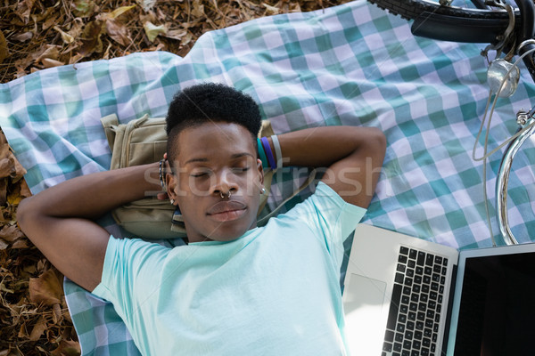 Młody człowiek snem koc piknikowy parku komputera sztuki Zdjęcia stock © wavebreak_media